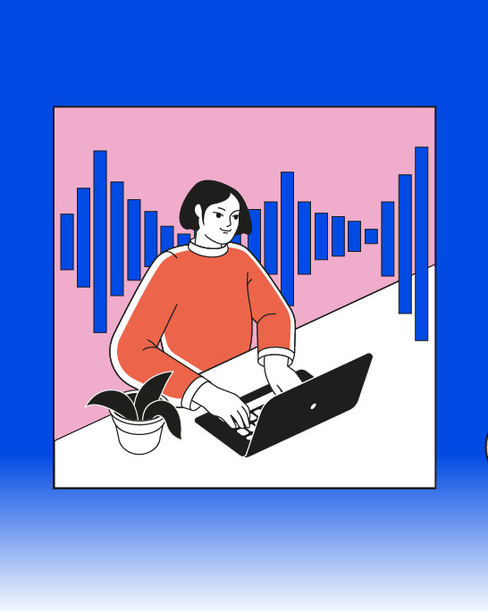 Cropped graphic showing person on laptop with sound waves behind the